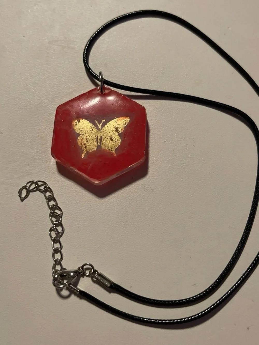 Gold Butterfly Red Hexagon Pendant Necklace - Women Jewelry